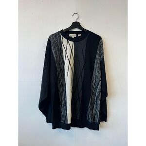 Pronto Uomo Sweater XL Black Gray White Abstract Knit‎ Crewneck Made USA 3D Knit